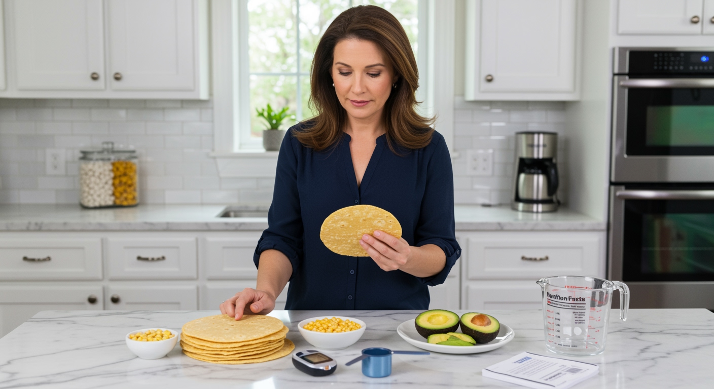 Woman holding corn tortilla while standing behind marble counter with glucose meter and healthy food items in modern kitchen