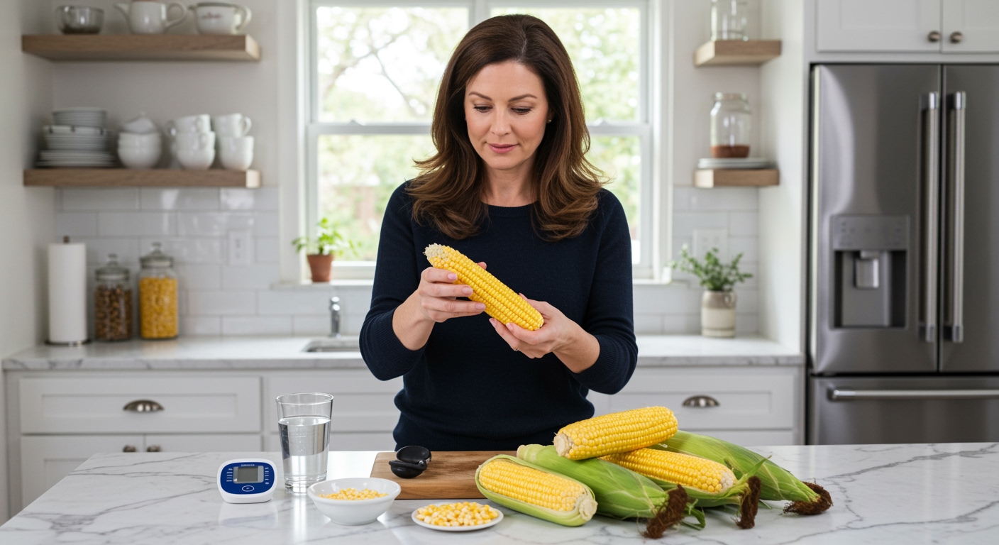 Woman holding corn on the cob while examining it with blood pressure monitor and corn products on marble countertop