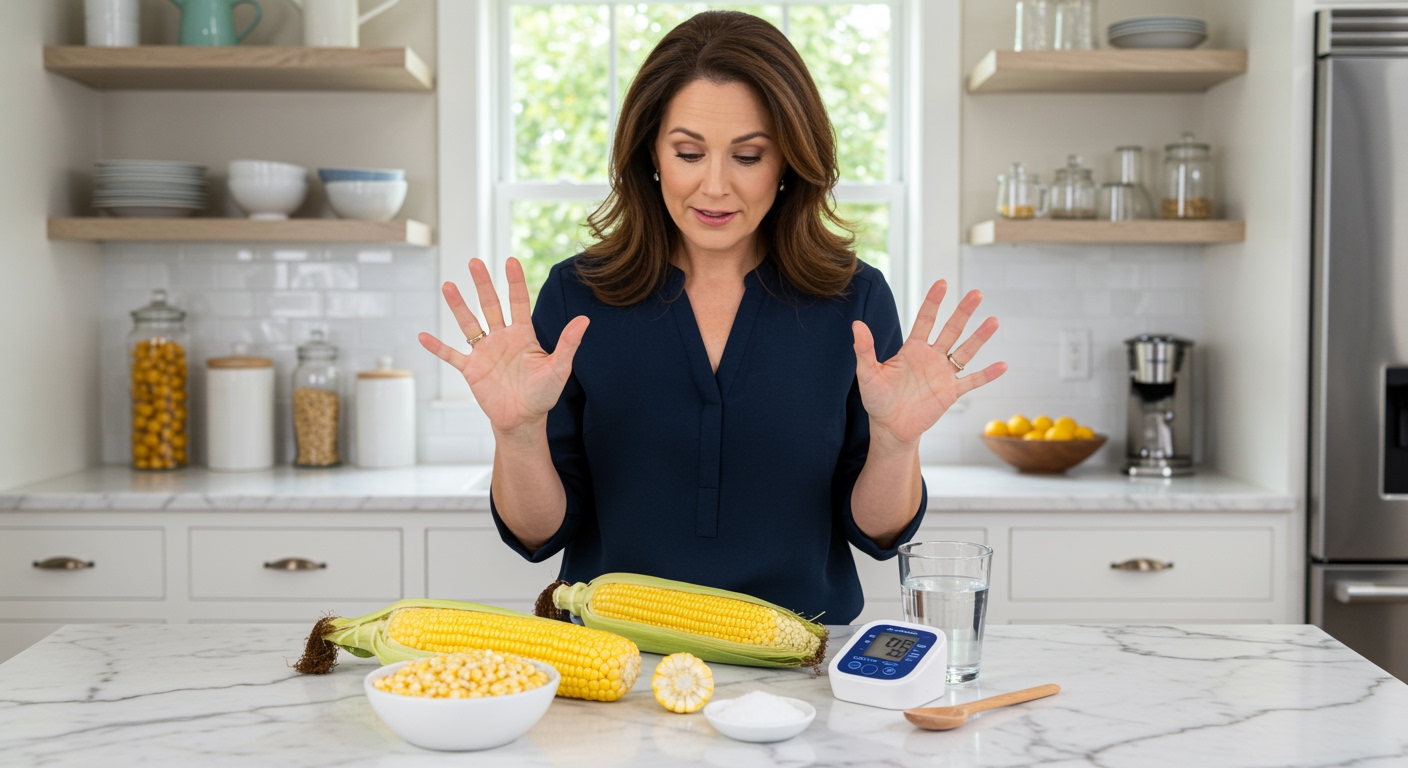 Woman standing behind marble counter examining corn and blood pressure monitor with kitchen items in bright modern setting