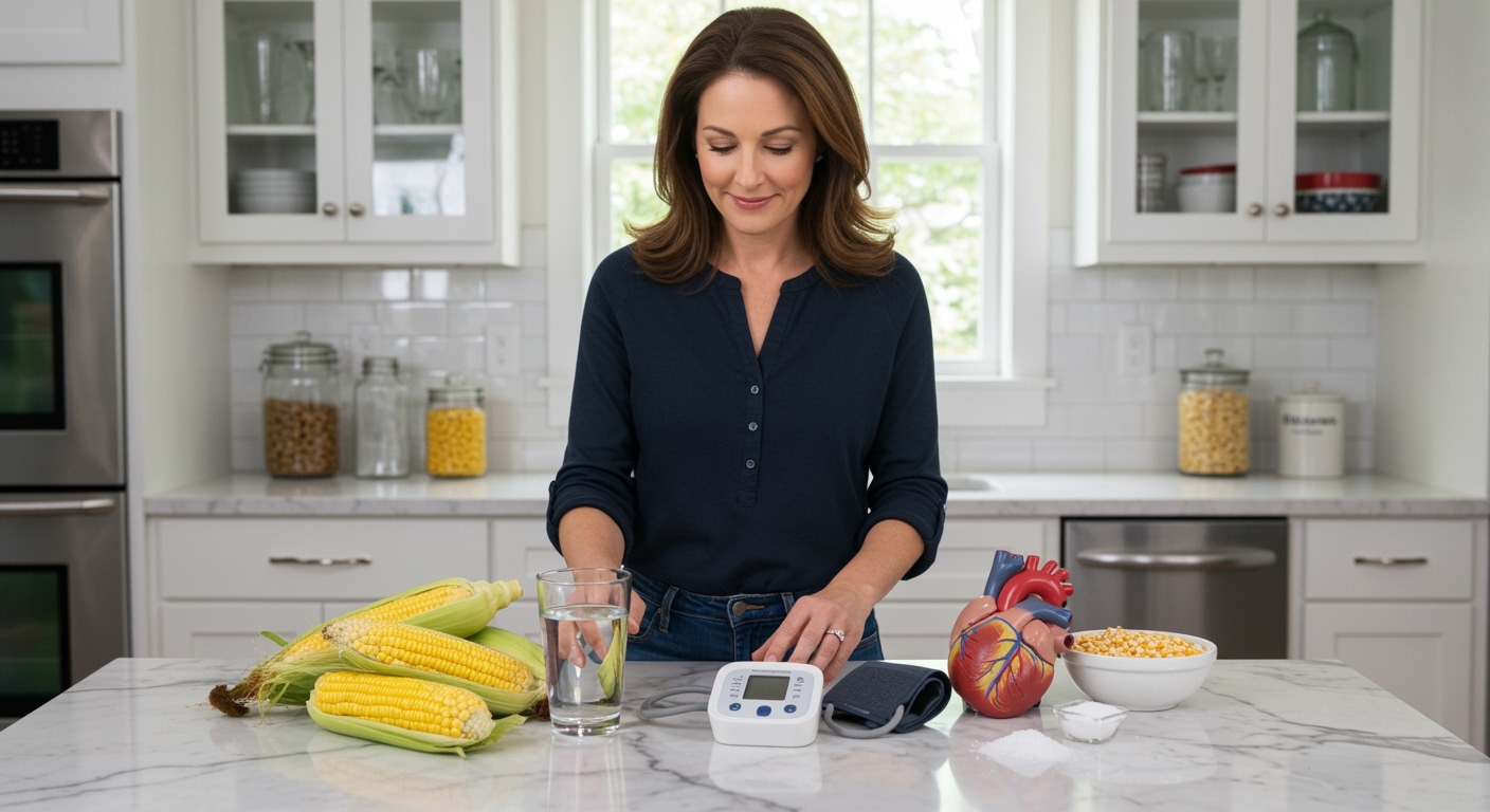 Woman holding corn cob at marble counter with blood pressure monitor, corn kernels, salt, heart model, and water glass visible