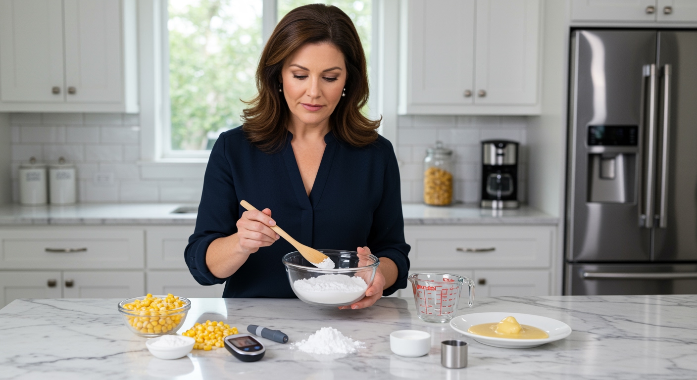 Woman holding wooden spoon examining white cornstarch powder with blood glucose meter and corn kernels on marble counter