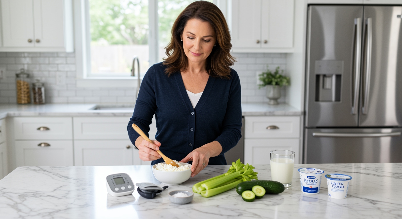 Middle-aged woman in navy cardigan examining cottage cheese bowl with blood pressure monitor and healthy foods on marble counter