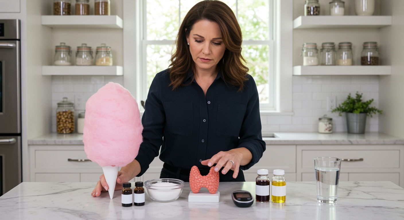 Woman standing behind marble counter examining cotton candy and thyroid model with sugar bowl and colored dye bottles in kitchen