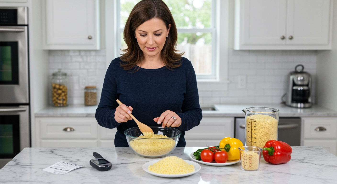 Middle-aged woman examining couscous in glass bowl with blood glucose meter and fresh vegetables on marble countertop in modern kitchen