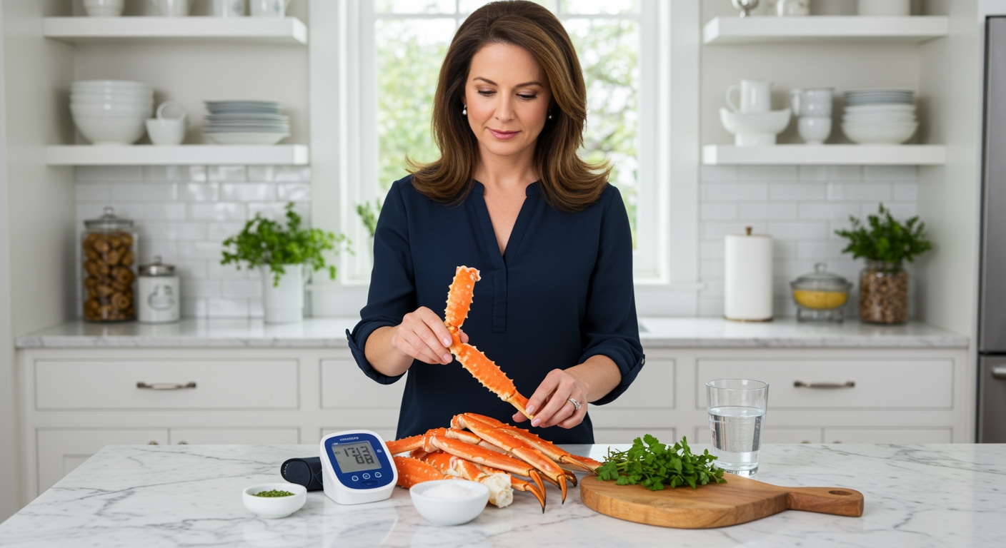 Woman holding crab leg behind marble counter with blood pressure monitor and seafood arranged in modern kitchen setting