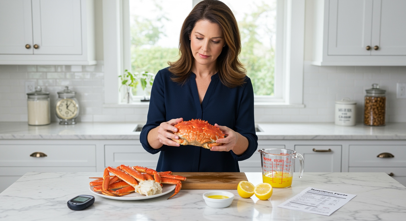 Middle-aged woman examining cooked crab with glucose meter and nutrition items on white marble kitchen counter