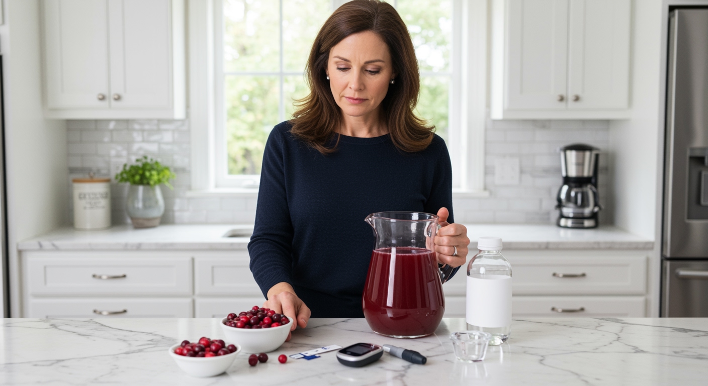 Woman holding cranberry juice pitcher while examining blood glucose meter and fresh cranberries on white marble countertop