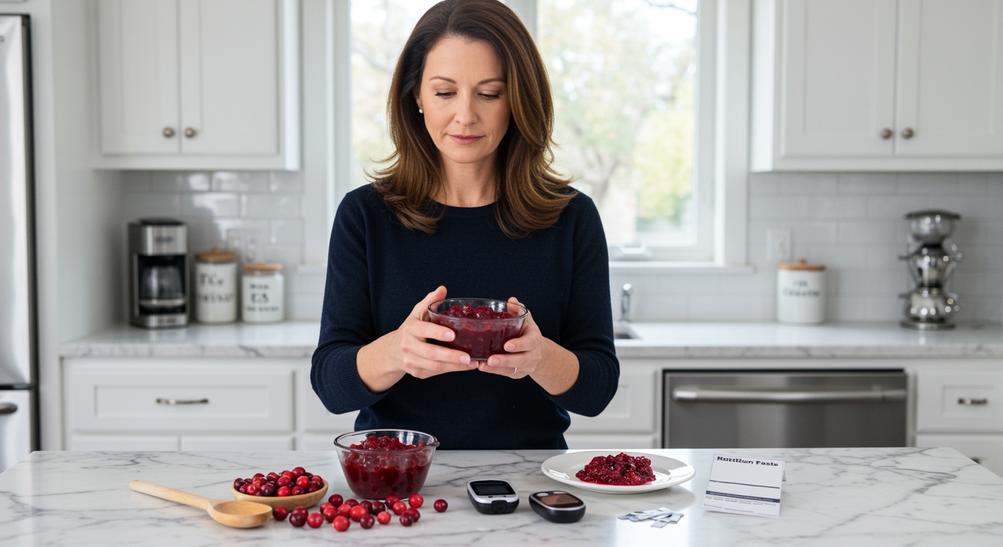 Woman holding glass bowl of cranberry sauce examining it closely with diabetes testing supplies on marble countertop