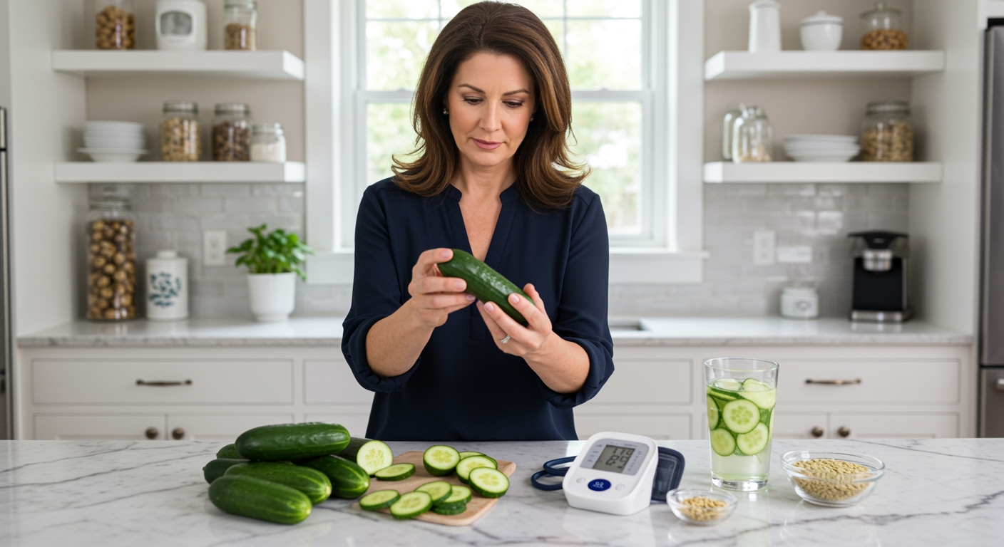Middle-aged woman holding cucumber while examining it with blood pressure monitor and cucumber slices on white marble counter