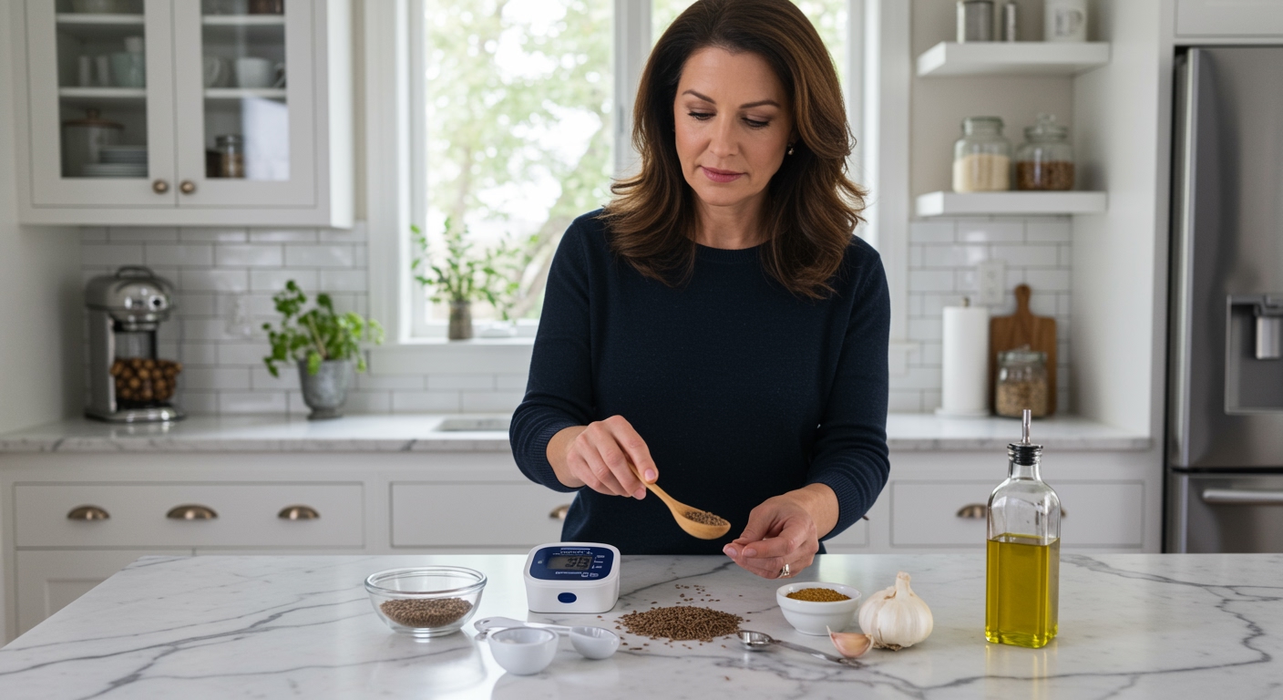 Middle-aged woman holding wooden spoon with cumin seeds behind marble counter with blood pressure monitor and cooking ingredients