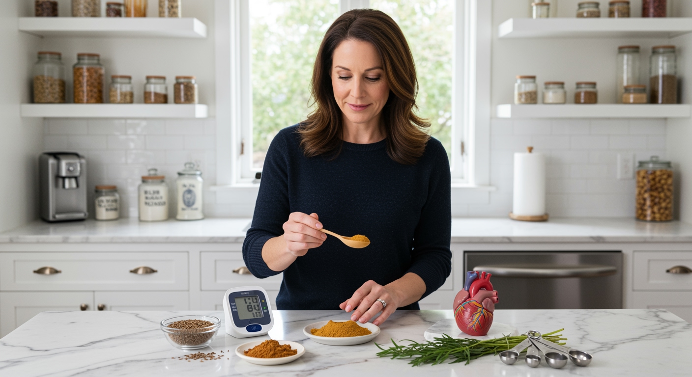 Woman holding wooden spoon with cumin powder standing behind marble counter with blood pressure monitor and spice bowls
