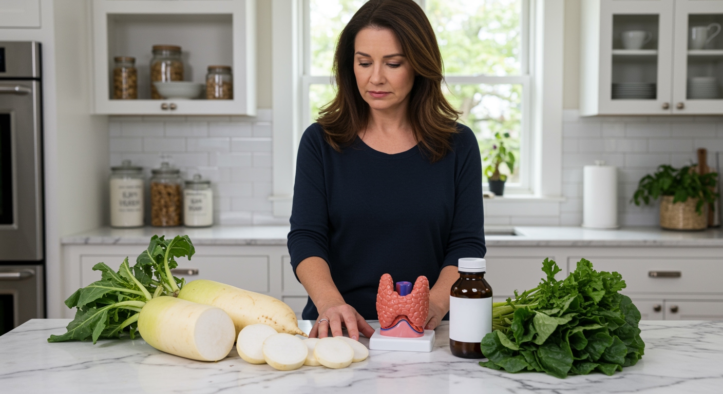 Woman holding daikon radish on marble counter with thyroid model and fresh vegetables in bright modern kitchen setting