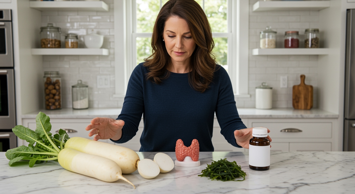 Woman standing behind marble counter looking at daikon radishes, thyroid model, seaweed, and medication bottle in bright kitchen