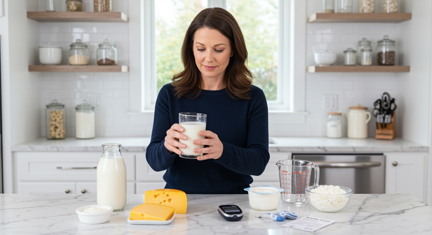 Middle-aged woman examining glass of milk while standing behind marble countertop with various dairy products and glucose meter