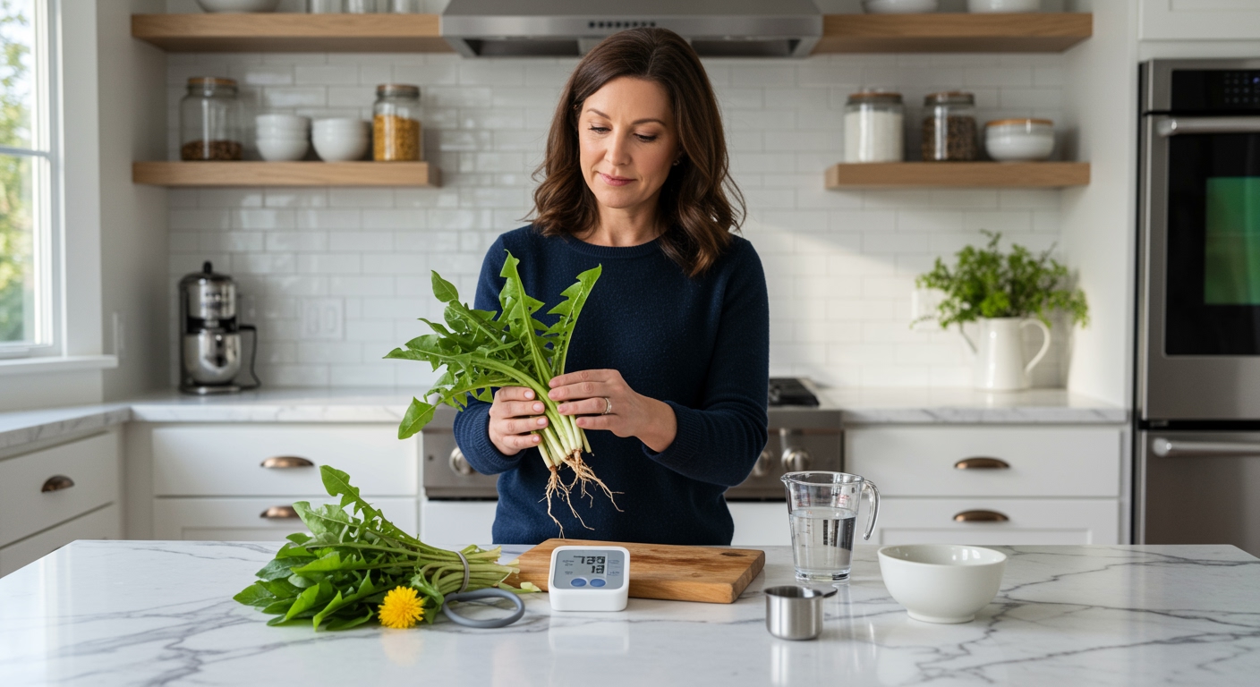 Woman holding fresh dandelion greens while standing behind marble countertop with blood pressure monitor and kitchen items visible