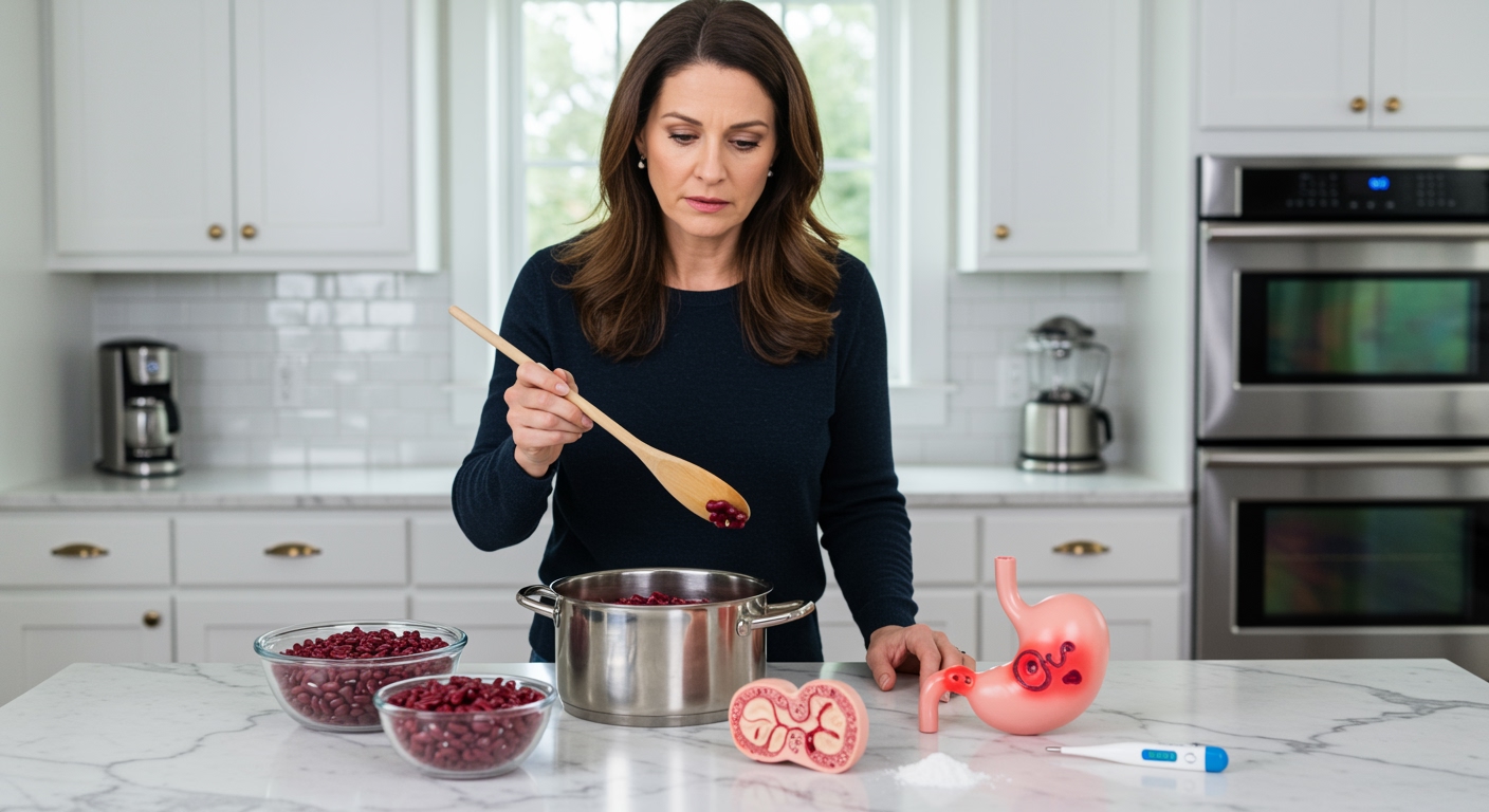 Woman standing behind marble counter examining raw beans, cooking pot, and intestinal health models in modern kitchen