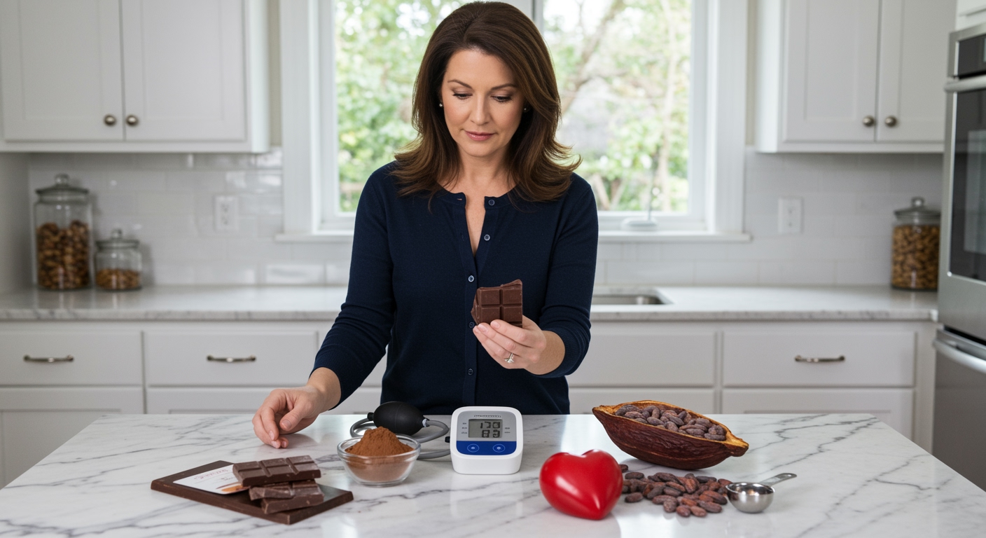 Woman holding dark chocolate examining blood pressure monitor on marble counter with cocoa products and heart symbol