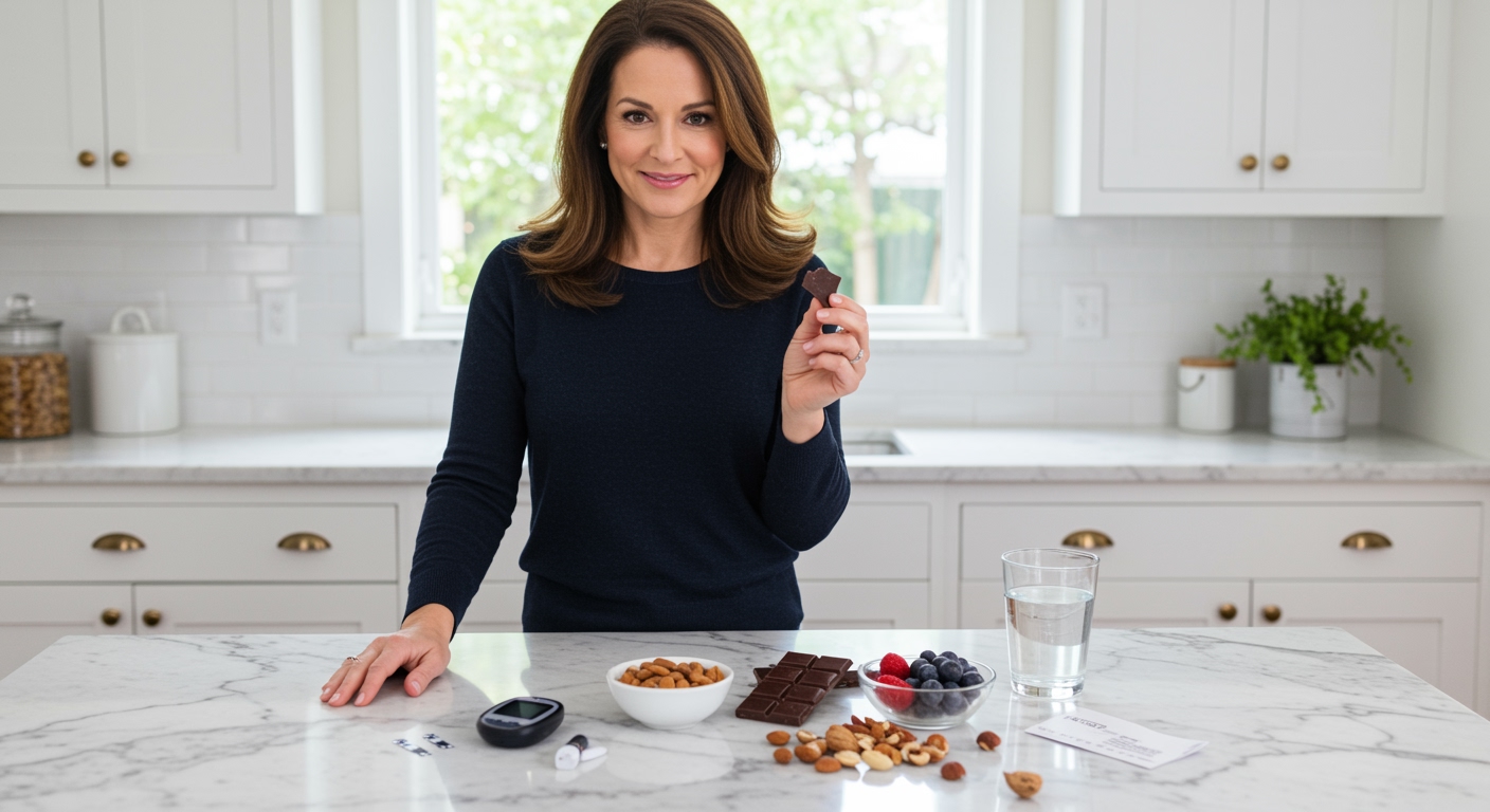 Middle-aged woman holding dark chocolate piece with blood glucose meter and healthy foods on white marble countertop