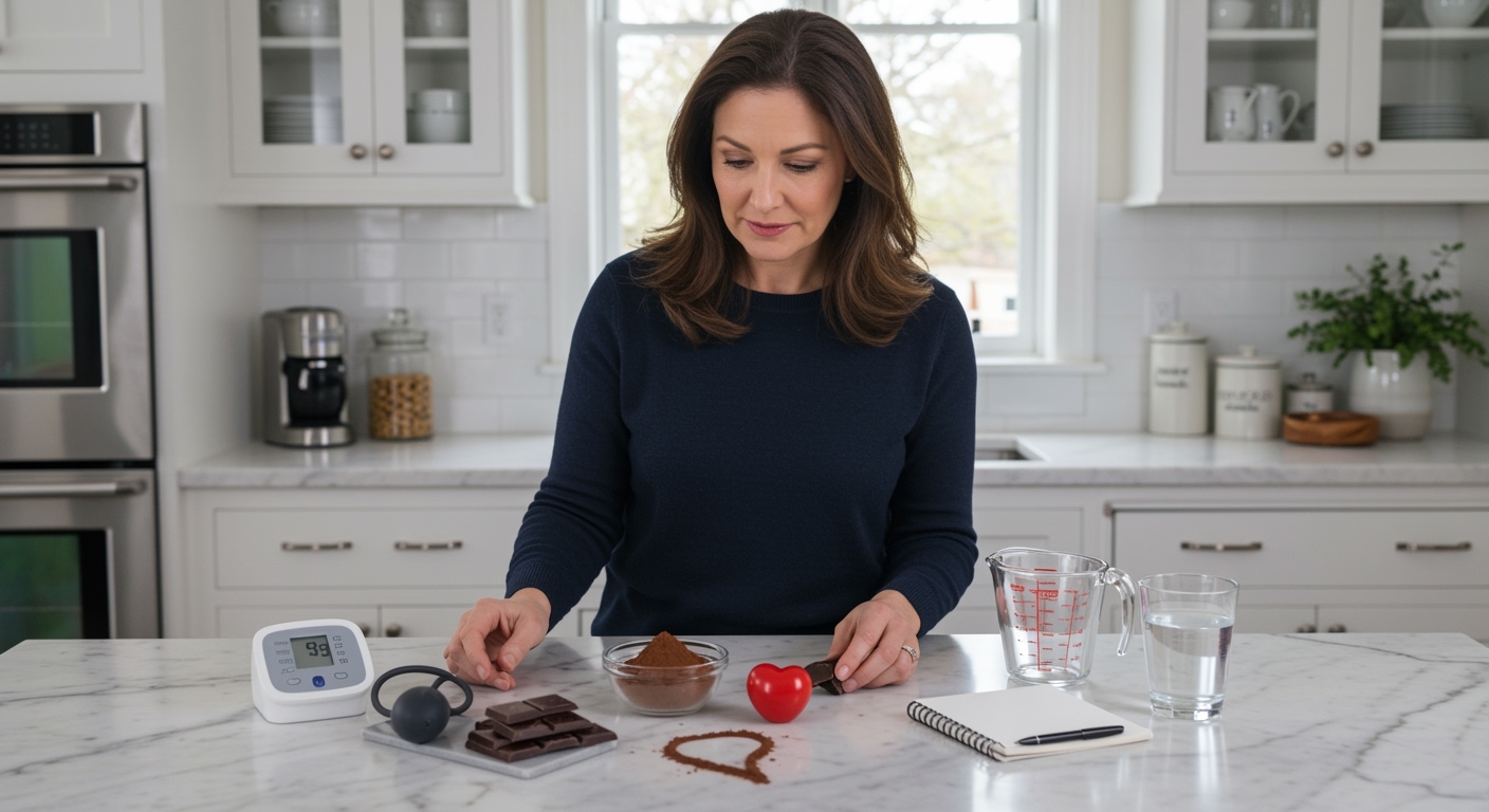 Woman standing behind marble counter examining dark chocolate piece with blood pressure monitor and cocoa products in bright kitchen