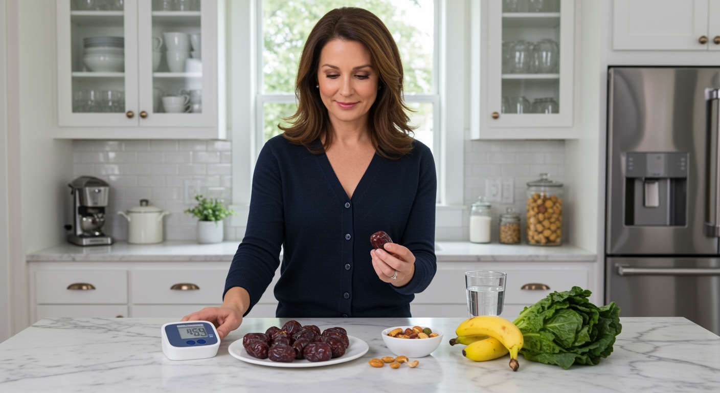 Woman holding date fruit behind marble counter with blood pressure monitor and healthy foods in bright modern kitchen