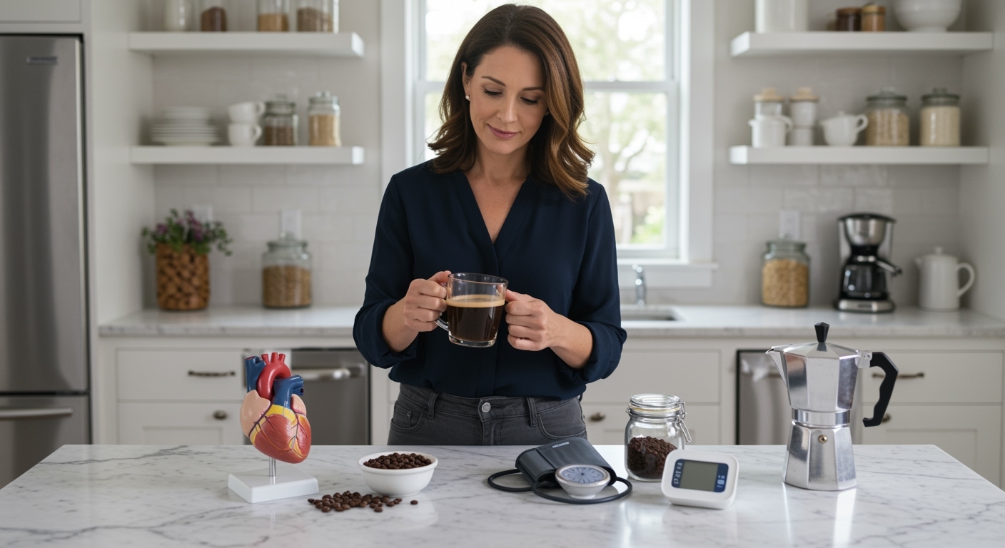Woman holding coffee mug standing behind marble counter with heart model, blood pressure monitor, coffee beans, and coffee pot visible