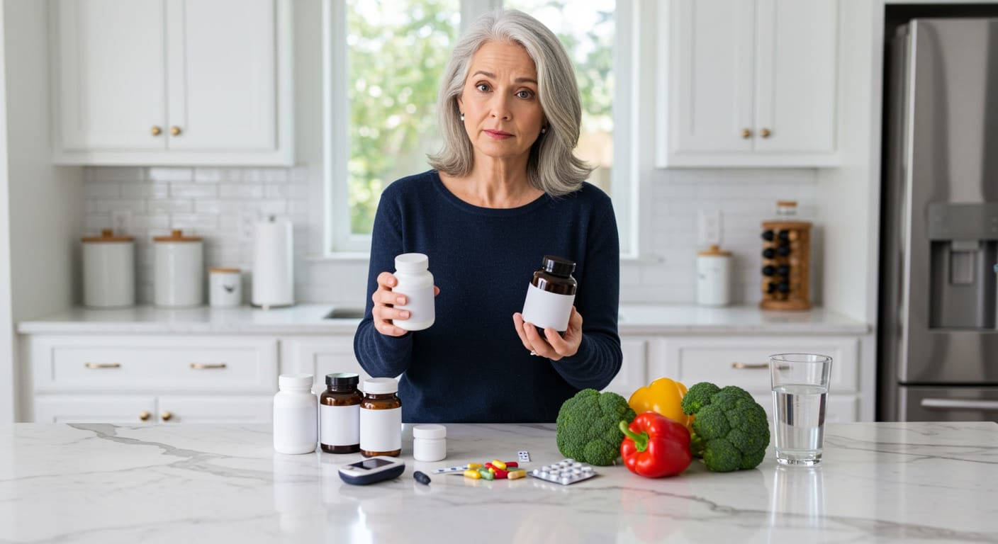 Middle-aged woman examining supplement bottles on marble countertop with diabetes testing supplies and fresh vegetables