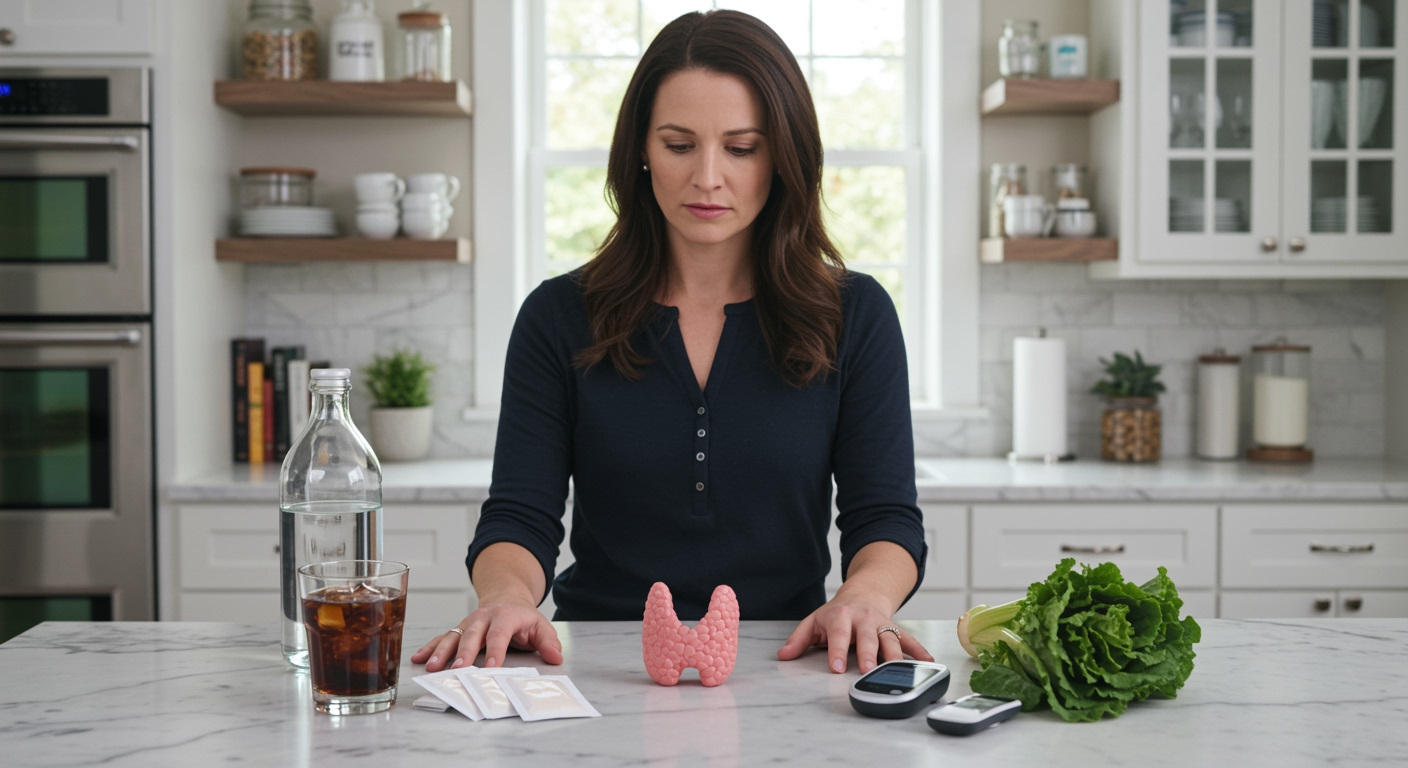 Woman standing behind marble countertop looking at diet soda, thyroid model, sweetener packets, and health monitoring items in kitchen