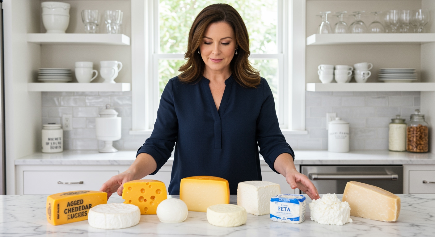 Middle-aged woman arranging various cheese types on white marble countertop in bright modern kitchen with natural lighting