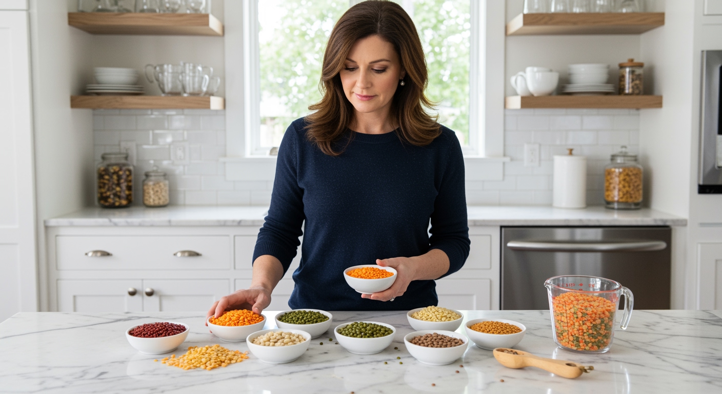 Woman holding bowl of red lentils with various lentil types arranged in white bowls on marble countertop in bright kitchen