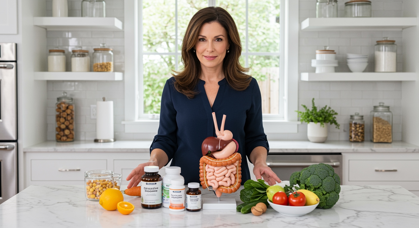 Woman standing behind marble counter examining digestive enzyme bottles and healthy foods in bright modern kitchen