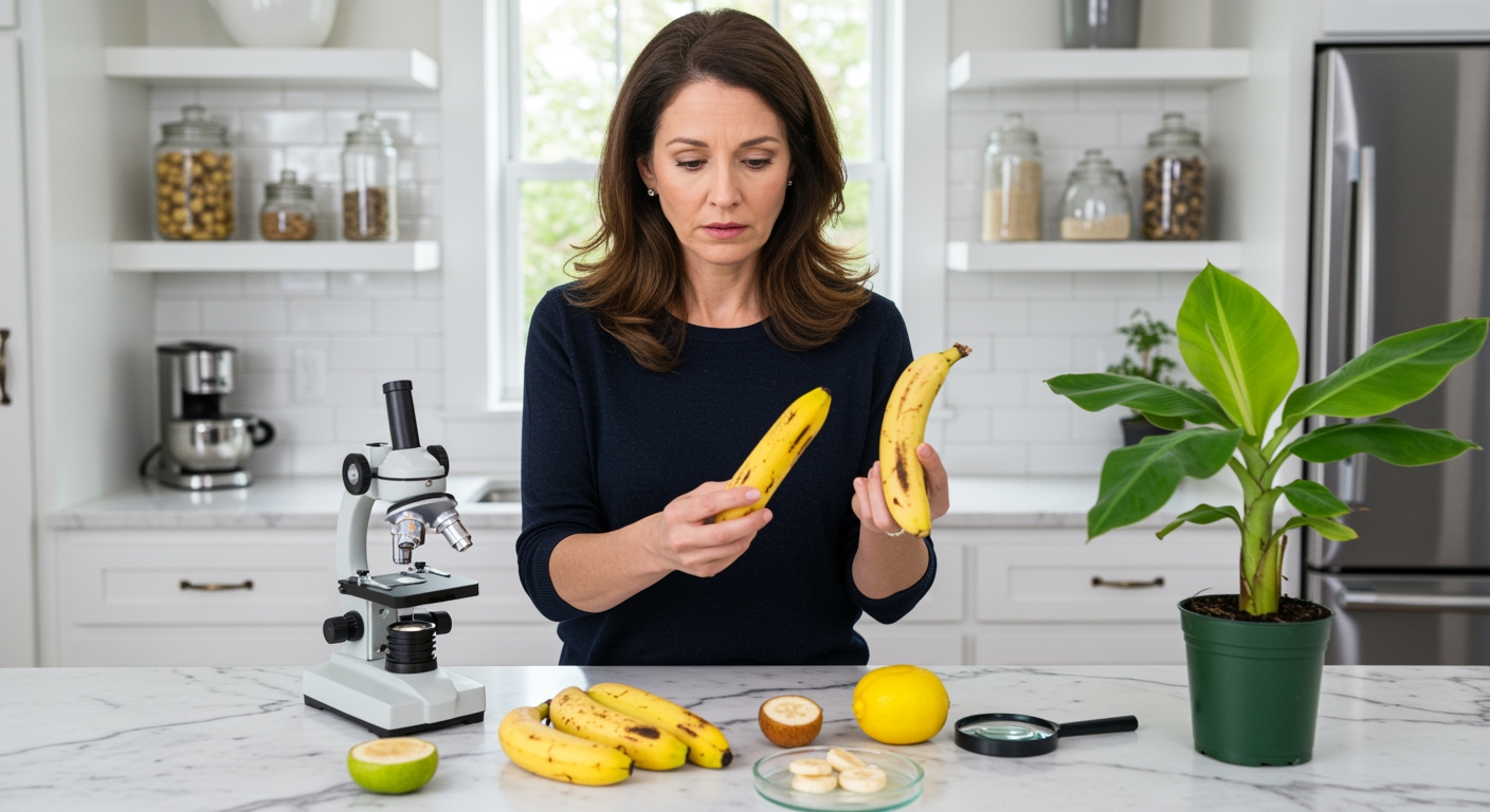 Woman holding yellowing banana while examining it closely with microscope and scientific tools on white marble counter