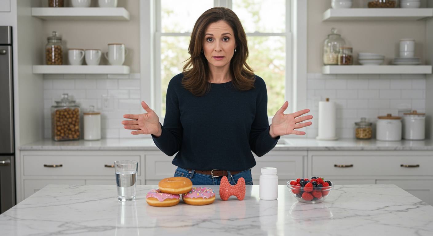 Woman standing behind marble counter with donuts, thyroid model, berries, and water in bright modern kitchen with natural light