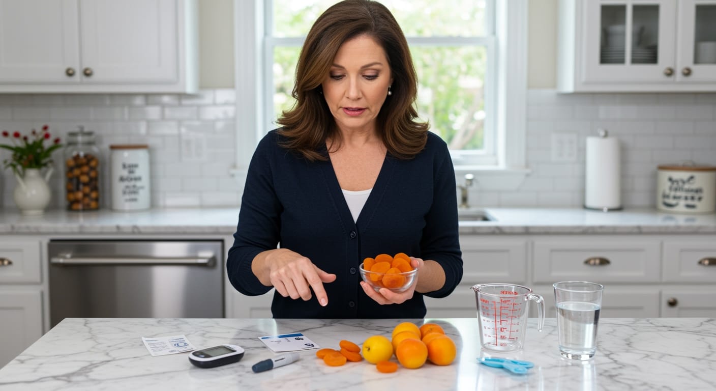 Woman holding dried apricots while examining blood glucose meter and fresh fruit on white marble kitchen countertop
