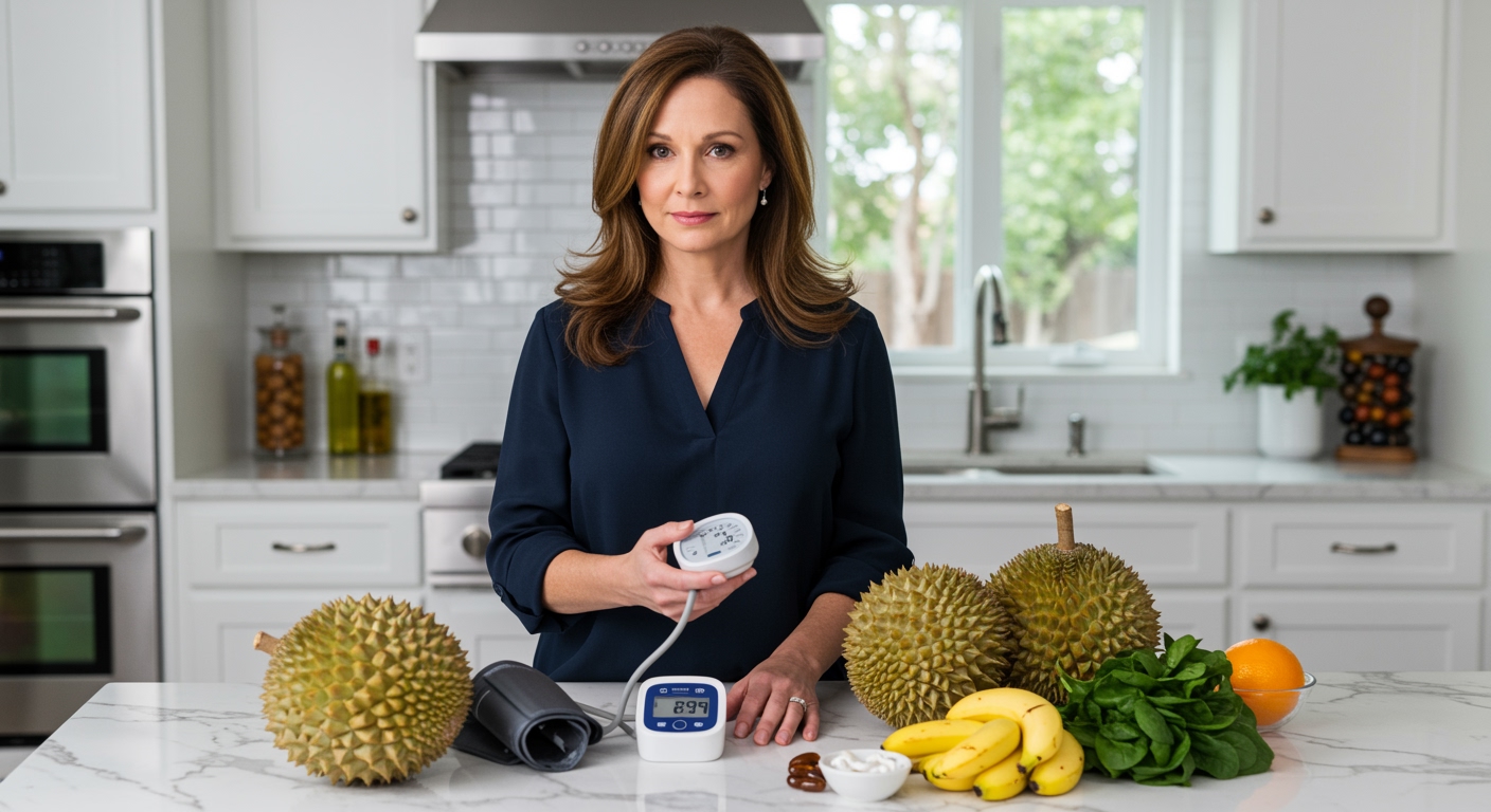 Woman holding blood pressure monitor standing behind marble counter with durian fruits and heart-healthy foods in modern kitchen