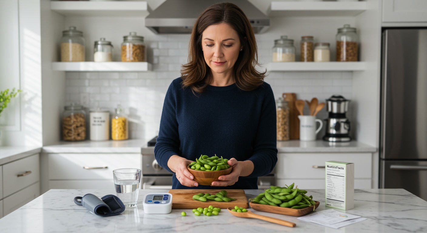Woman holding wooden bowl of edamame pods while examining individual beans on white marble countertop with blood pressure monitor