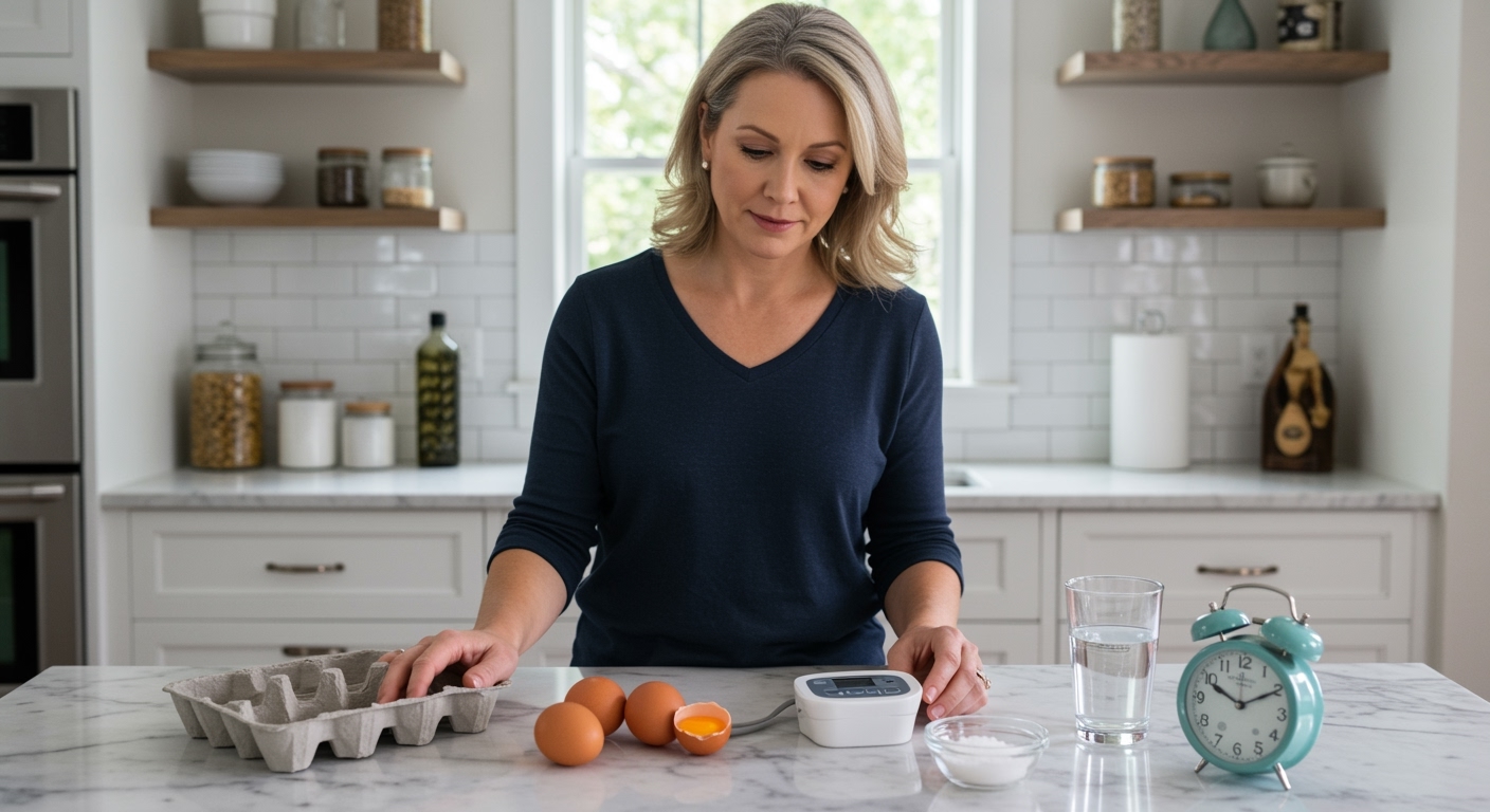 Woman holding egg while standing behind marble counter with whole eggs, cracked eggs, blood pressure monitor, salt, water glass, and clock