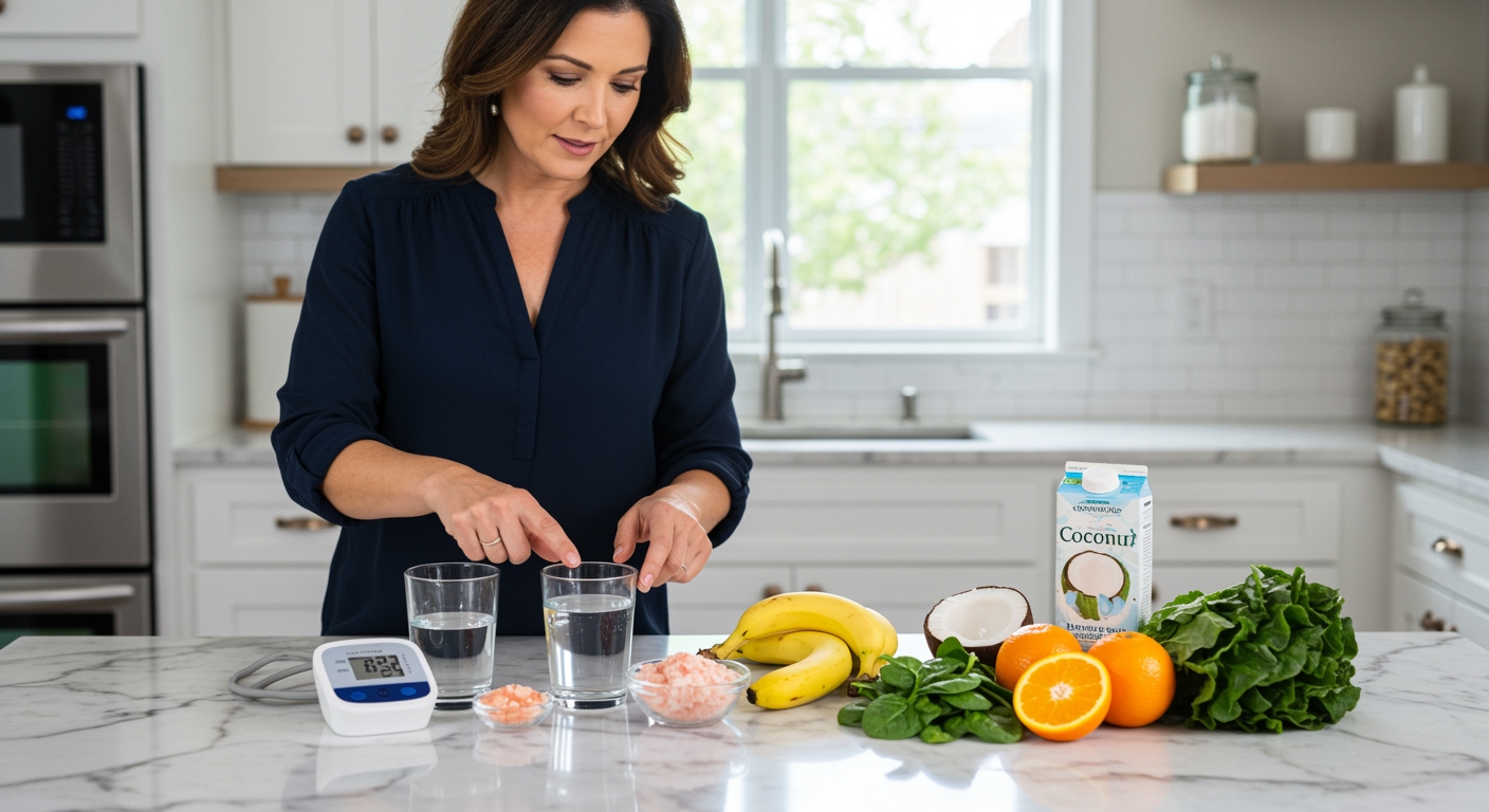 Woman pointing at blood pressure monitor while standing behind marble counter with electrolyte-rich foods and drinks