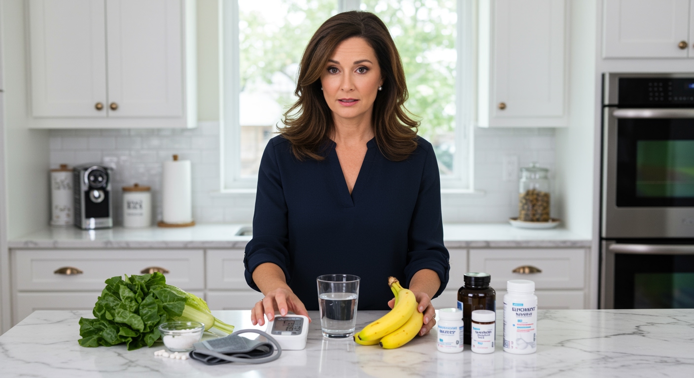 Woman standing behind marble countertop examining blood pressure monitor, bananas, vegetables, and supplement bottles in kitchen