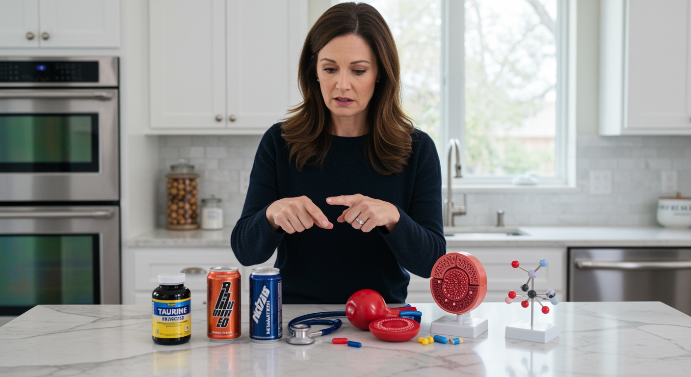 Woman holding energy drink can pointing at it with medical models and supplements arranged on marble countertop in kitchen