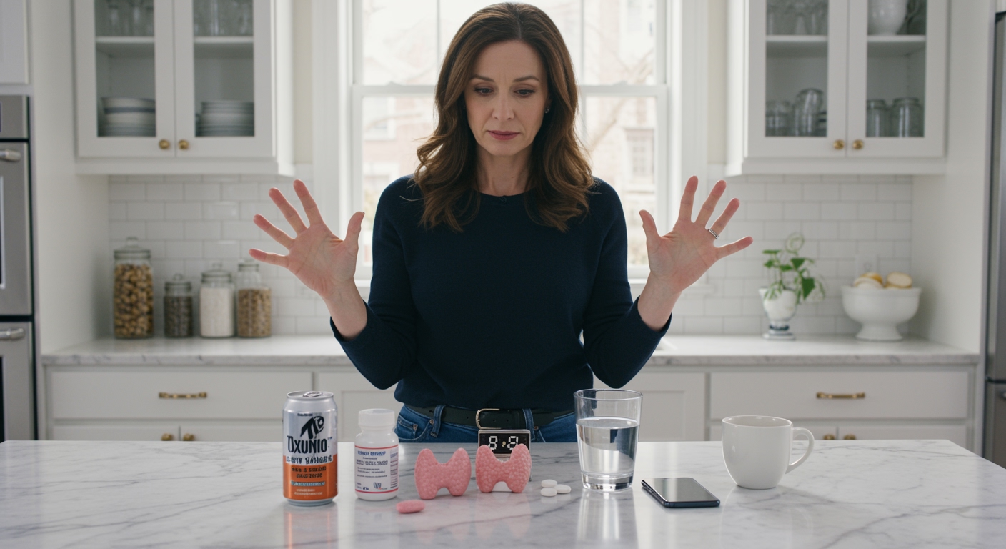 Woman standing behind marble counter looking at energy drink can and thyroid medication bottle with clock and thyroid model visible