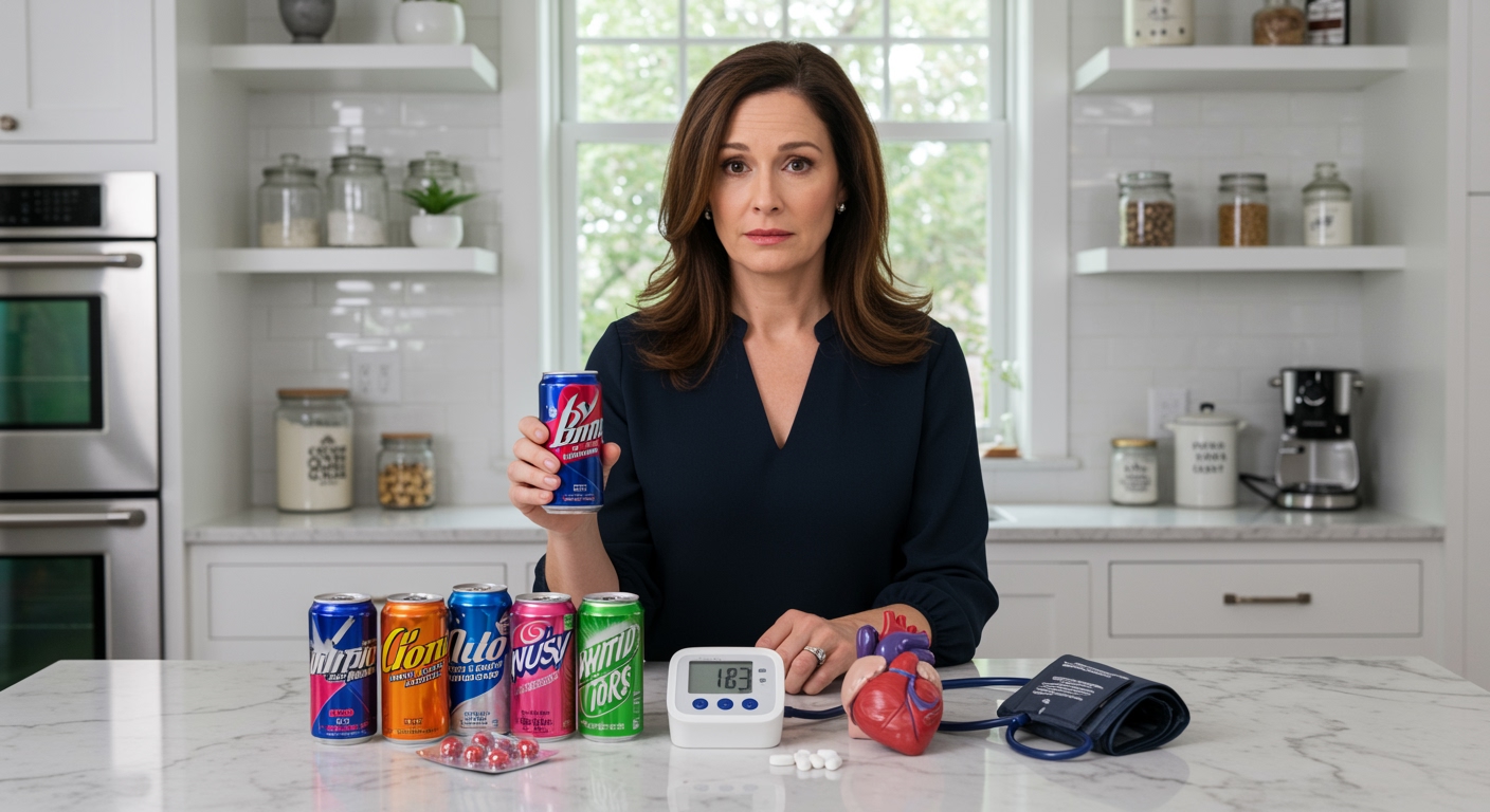 Woman holding energy drink can next to blood pressure monitor on marble counter with medical equipment in modern kitchen
