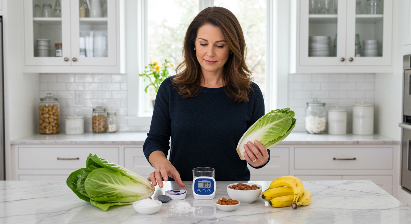 Woman arranging escarole leaves and blood pressure monitor on marble countertop in bright modern kitchen setting