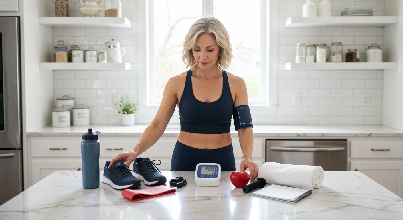 Woman in athletic wear reaching for blood pressure monitor on marble counter with exercise equipment and water bottle visible