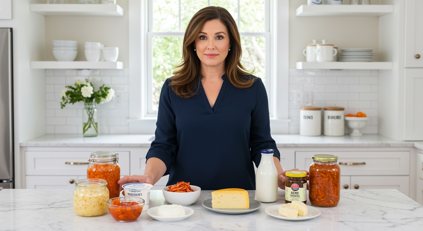 Woman standing behind white marble counter examining various fermented foods in modern kitchen with natural lighting