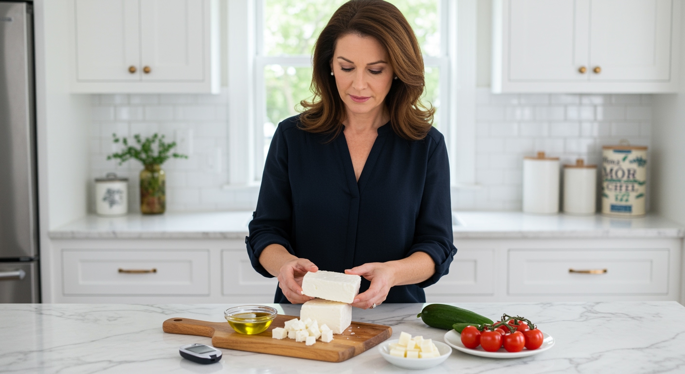 Middle-aged woman examining feta cheese block on marble counter with glucose meter and Mediterranean foods visible