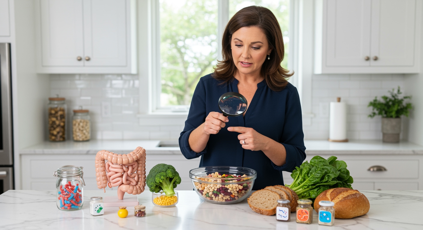 Woman holding magnifying glass over fiber-rich foods with intestinal model and bacteria containers on marble countertop