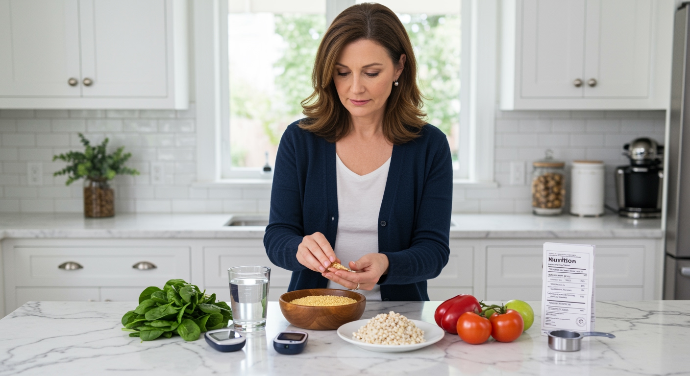 Middle-aged woman examining finger millet grains in bowl with diabetes management tools on marble countertop in modern kitchen