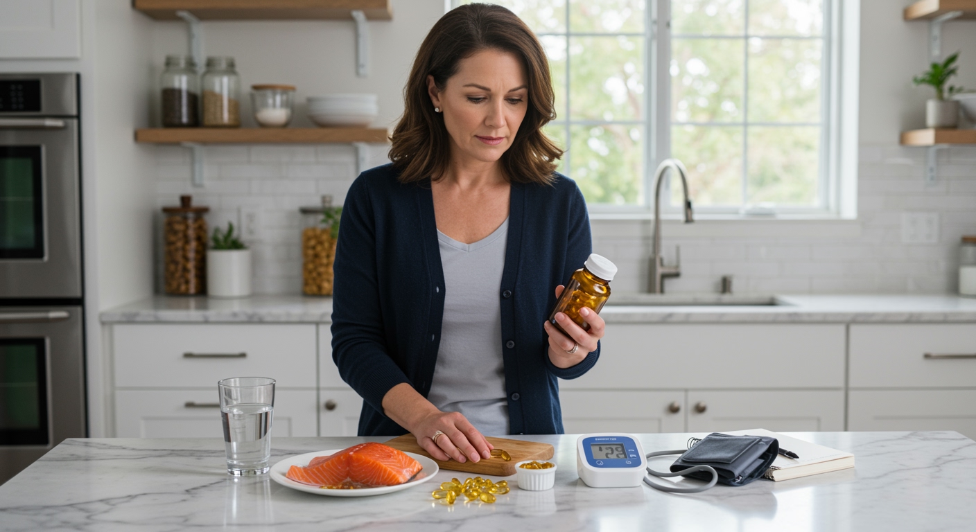 Woman holding fish oil bottle examining label with blood pressure monitor and omega-3 capsules on white marble counter
