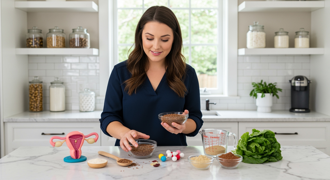 Young woman holding glass bowl of flax seeds behind marble countertop with hormone-related items in bright modern kitchen