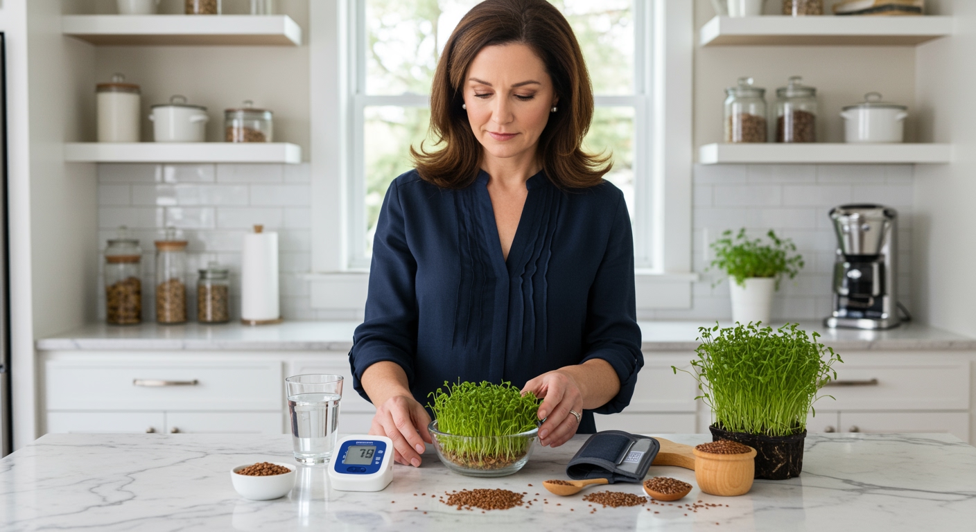 Woman arranging flax sprouts, blood pressure monitor, and related items on white marble countertop in bright modern kitchen
